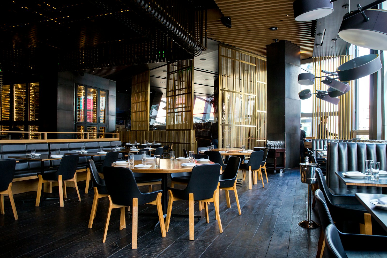 A warm, stylish restaurant interior in Woodland Hills